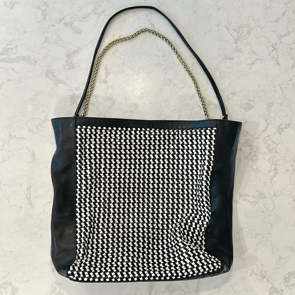 Tory Burch Erica Black/White Leather Woven Large Tote